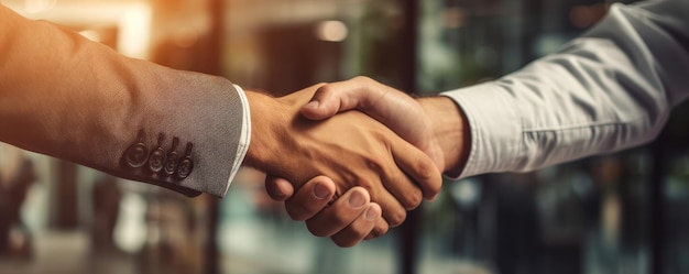 Business people shaking hands in an office Soft focus Generative AI