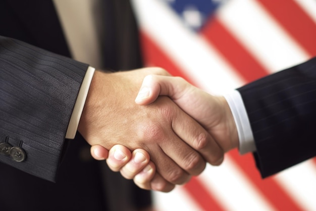 アメリカの国旗を背景にオフィスで握手するビジネスマン