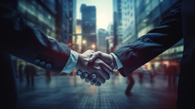 Business people shaking hands realistic blurred background Al generated