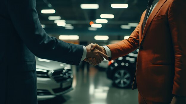 Photo business people shaking hands with car shop dealer in background