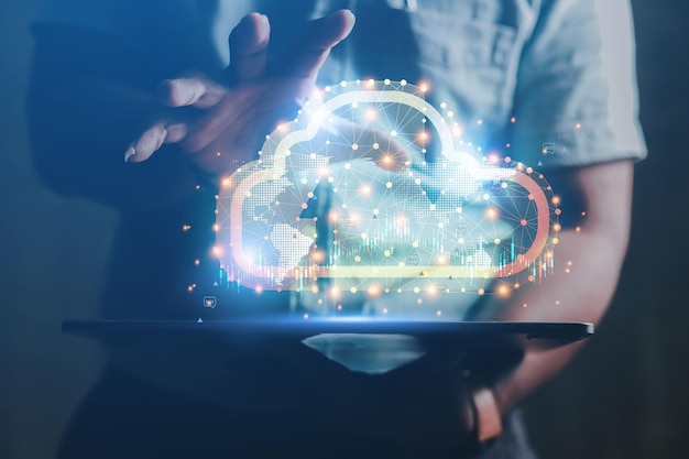 ビジネスマンは未来のメタバースクラウドテクノロジーグローバルインターネット接続の世界を示しています