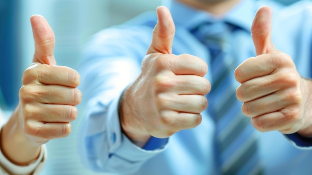 Photo business people showing thumbs up gesture on blurred background expressing approval and success