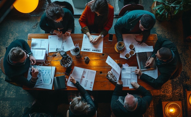 Photo business people sit at a table