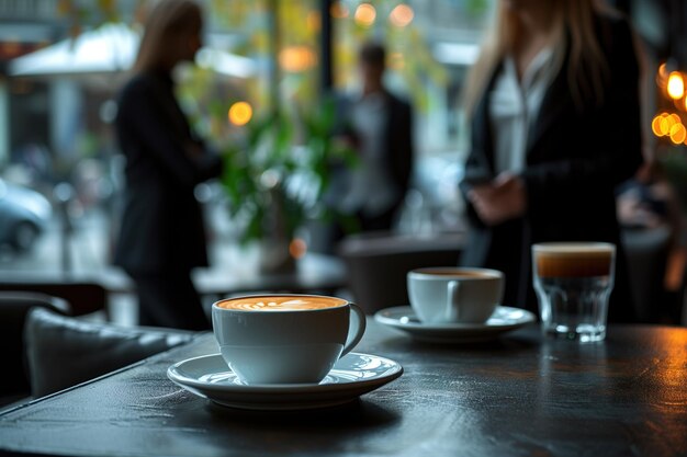 Business people standing around a table with coffee