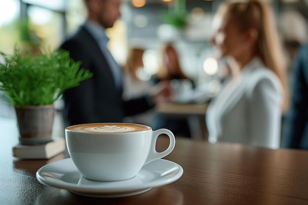 コーヒーを飲むテーブルの周りに立っているビジネスマン