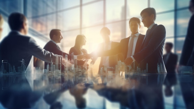 Business people standing around a table