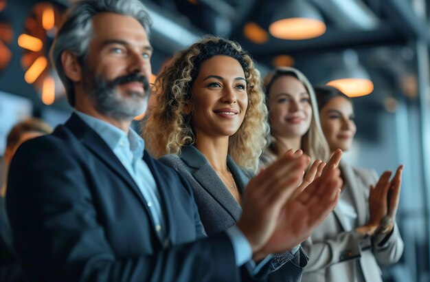 Photo business people standing together clapping one hold hand over another style of sensory experience