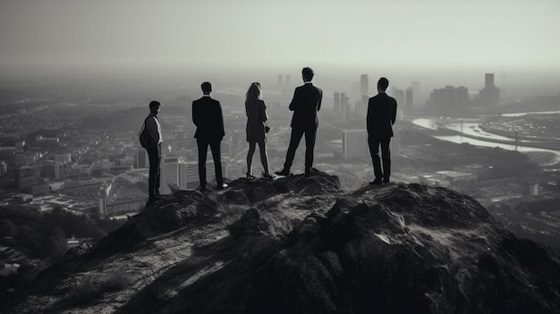 Business people standing on top of a cliff looking at the city