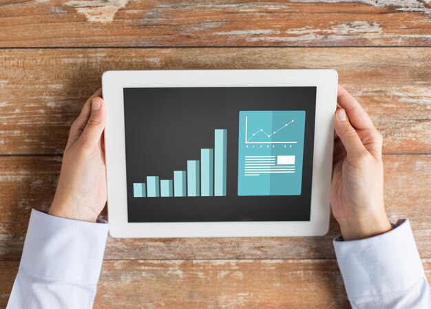 business, people, statistics and technology concept - close up of female hands with charts on tablet pc computer screen on table