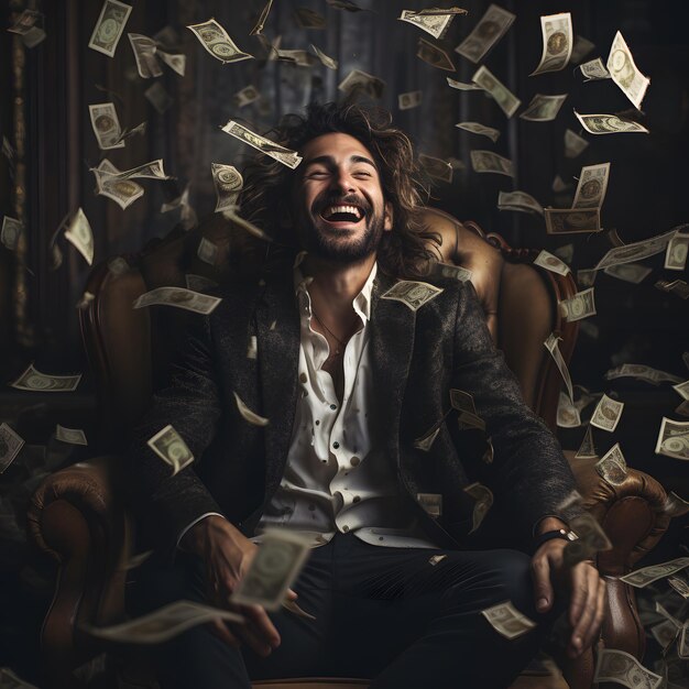 Photo business people success and fortune concept happy businessman with heap of dollar money