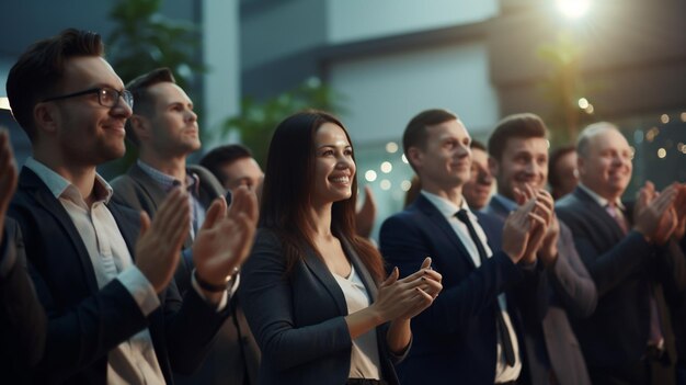 Photo business people and teamwork concept smiling business team applauding to boss in office