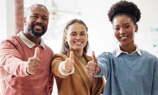 Photo business people thumbs up and team portrait in office with support motivation or diversity at job businessman women and teamwork with smile solidarity or hand sign for collaboration in workplace