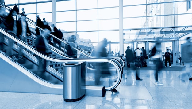 business people using a staircase at a trade fair