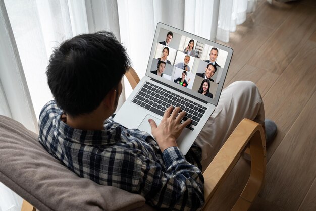 Photo business people on video conference for modish virtual group meeting of corprate business office workers