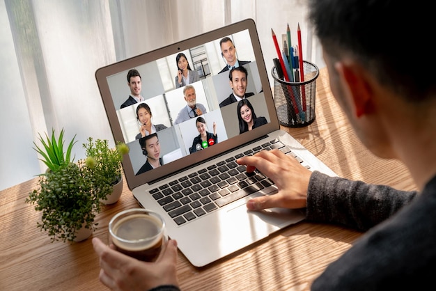 Photo business people on video conference for modish virtual group meeting of corprate business office workers