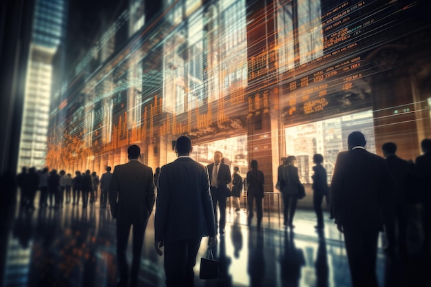 Photo business people walking in the building motion blur generative ai