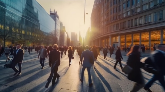 Business people walking in the city scape panoramic view of people crossing the road Generative AI