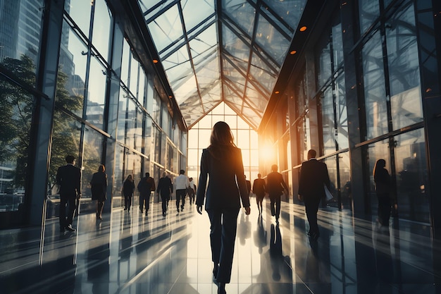 Business people walking in glass modern office hall