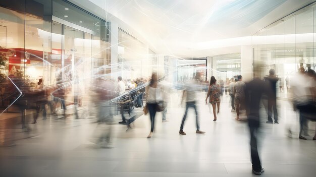 Business people walking in the lobby of a modern office building motion blur