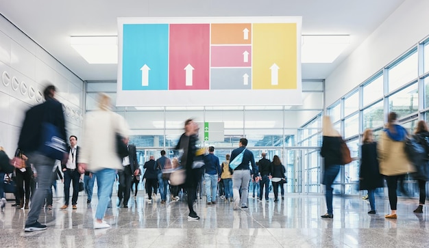 business people walking at a modern floor on a tradeshow. ideal for websites and magazines layouts