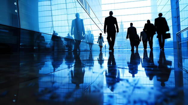 Business people walking in a modern glass building