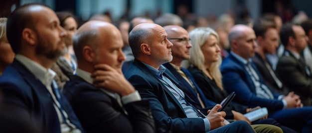 business people watching panel of speakers at business conference