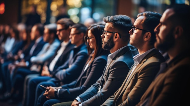 Business people watching presentation engaging in conference discussions professional setting