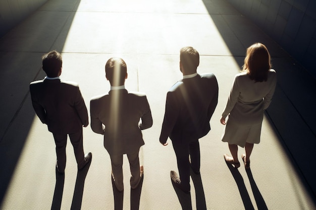 Business people with backs turned on bright light top view