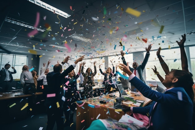 공중 에 콘페티 를 들고 일 에서 성공 을 축하 하는 사업가 들