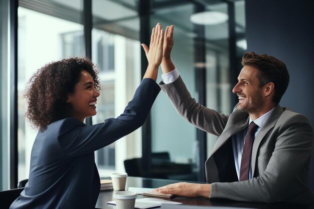 Photo business people with hands high in the air