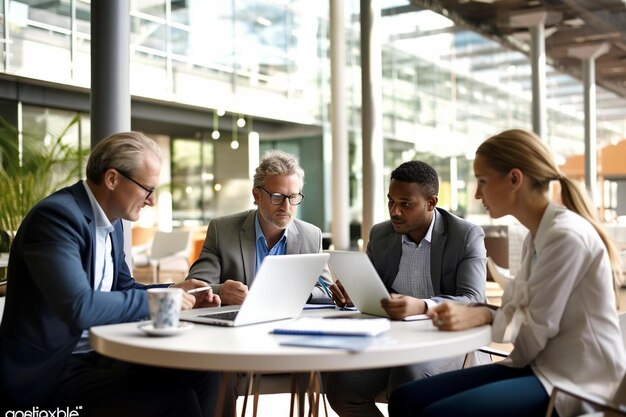 business people with laptop digital tablet and paperwork meeting in office cubicle