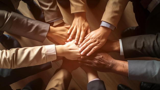 Business people with their hands together in a circle top viewgenerative ai