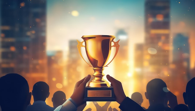 business people with trophy raising in the style of soft focus technique