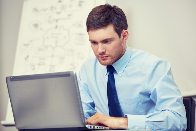 business, people and work concept - businessman sitting with laptop computer in office in front of whiteboard