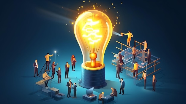 Business people working around big light bulb on dark blue background Teamwork concept