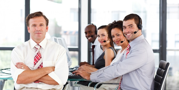 Business people working in a call center