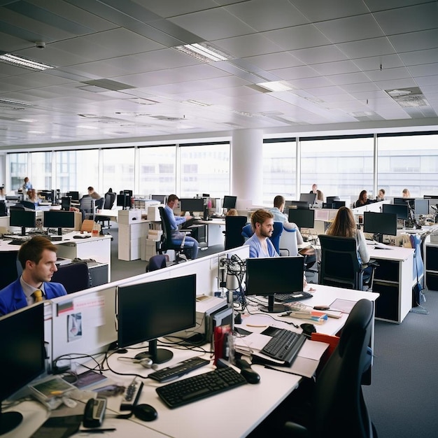 business people working at computers in open plan office