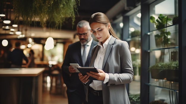 Business people working on digital tablet while standing at cafe