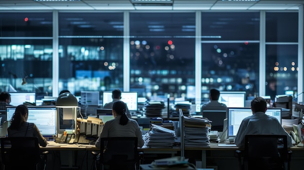 Business people working late in a modern office building at night