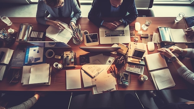 Business People Working on an Office Desk top view Generative Ai