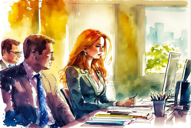 Business people working in the office Digital watercolor painting illustration comics style