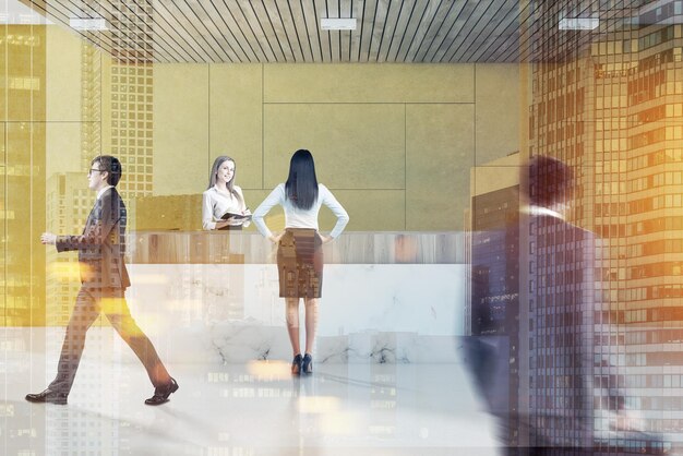 Business people in a yellow wall office waiting room interior with a marble floor, and a white marble and wood reception. 3d rendering mock up toned image double exposure blurred