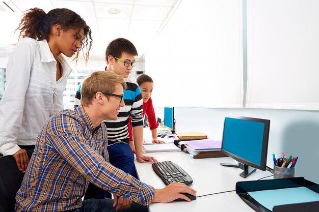 Business people young multi ethnic computer desk