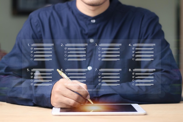 business performance checklist businessman doing online checklist survey online survey questionnaire