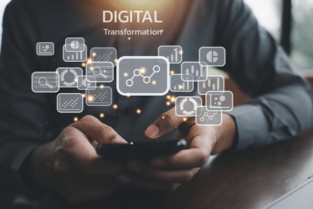 Business performance concept People analyzing graphs on virtual screen Digital transformation change management big data analytics