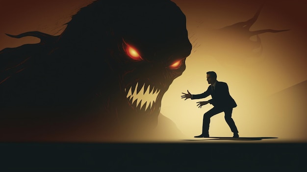 Business person afraid of a big monster claw shadow