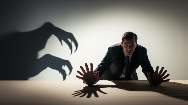 Business person afraid of a big monster claw shadow