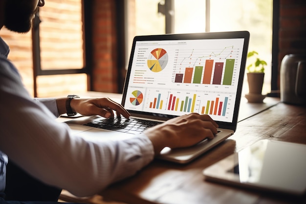 Photo business person analyzing accounting data on a laptop screen concept of data visualization graphs