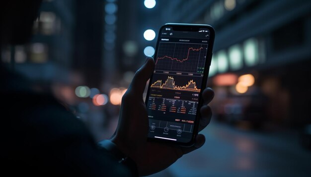 Business person analyzing growth chart on illuminated computer monitor generated by AI