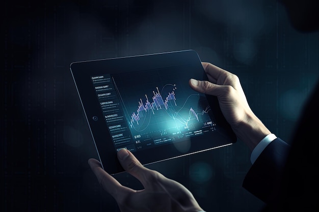 Business person analyzing stock market data on tablet with dark background